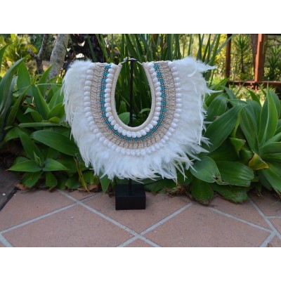 Tribal White feather Turquoise & snail shell necklace boho with or without stand   322808302637